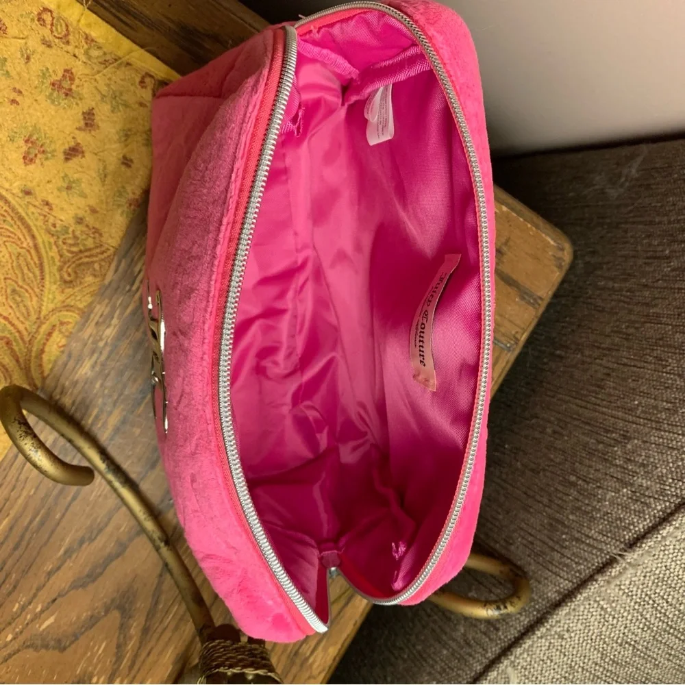Juicy Couture Hot Pink Plush Cosmetic Case with Silver Monogram New With Tags
